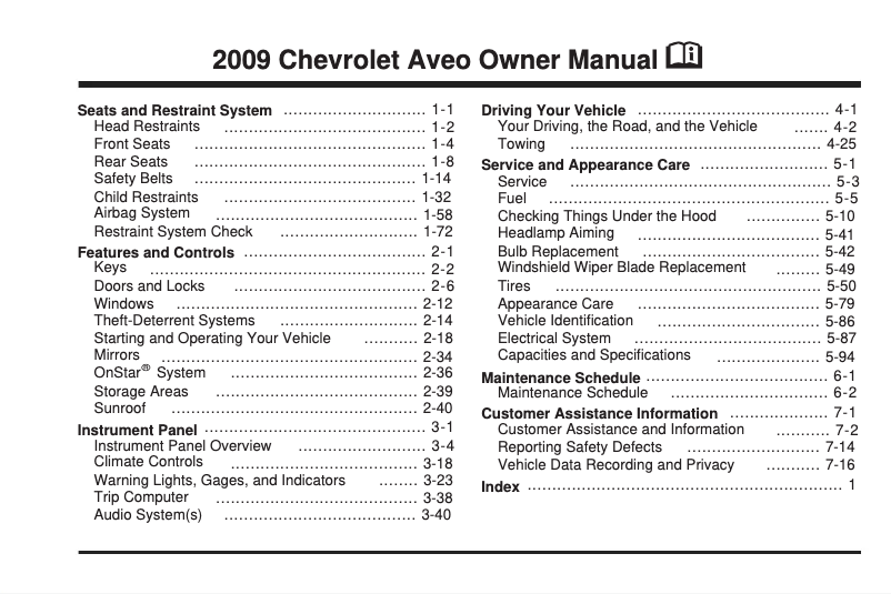 Page 1 de la notice Manuel utilisateur Chevrolet Aveo (2009)