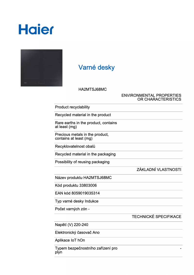 Page 1 de la notice Fiche technique Haier HA2MTSJ68MC