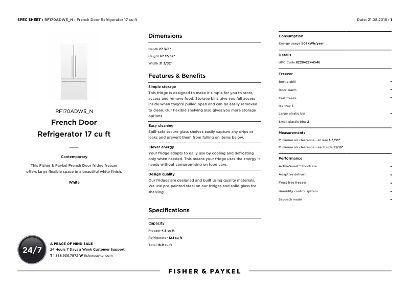 Page n°1 - Fiche technique Fisher & Paykel RF170ADW5 N