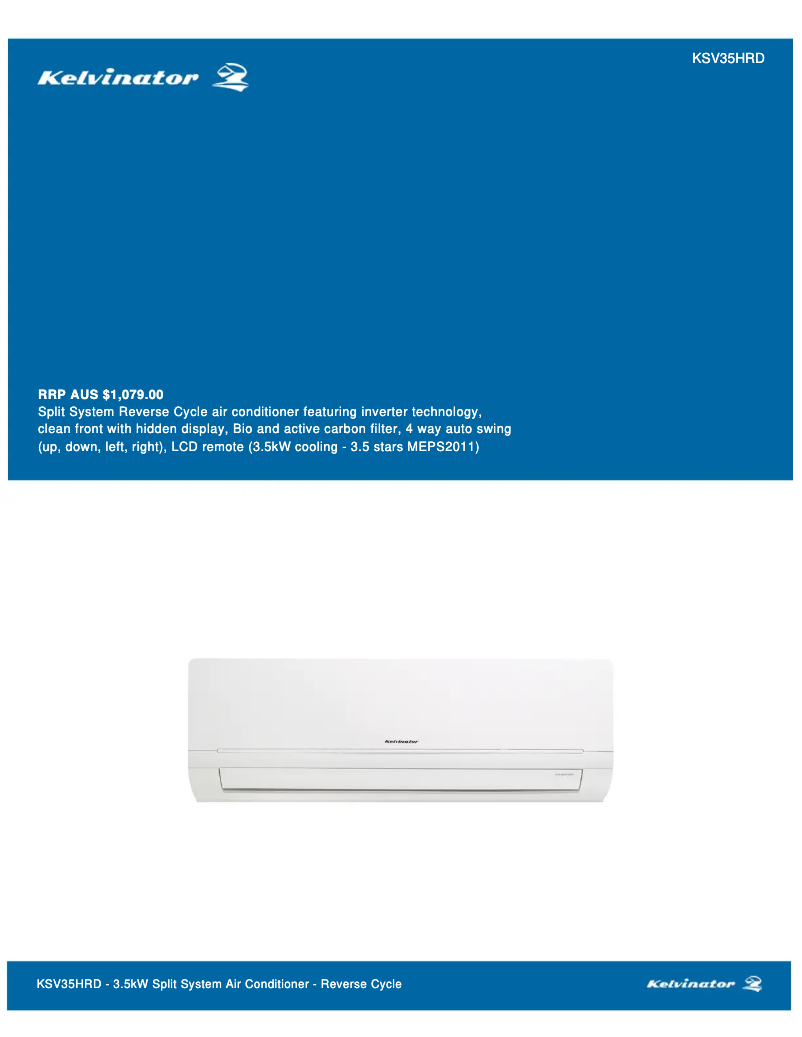 Page n°1 - Fiche technique Kelvinator KSV35HRD