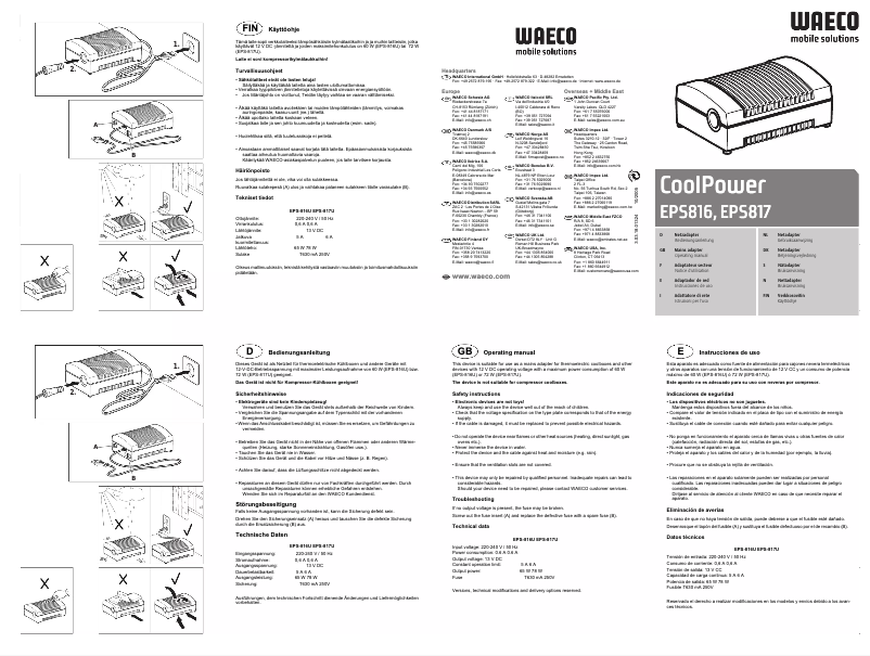 Page 1 de la notice Manuel utilisateur Waeco CoolPower EPS817U