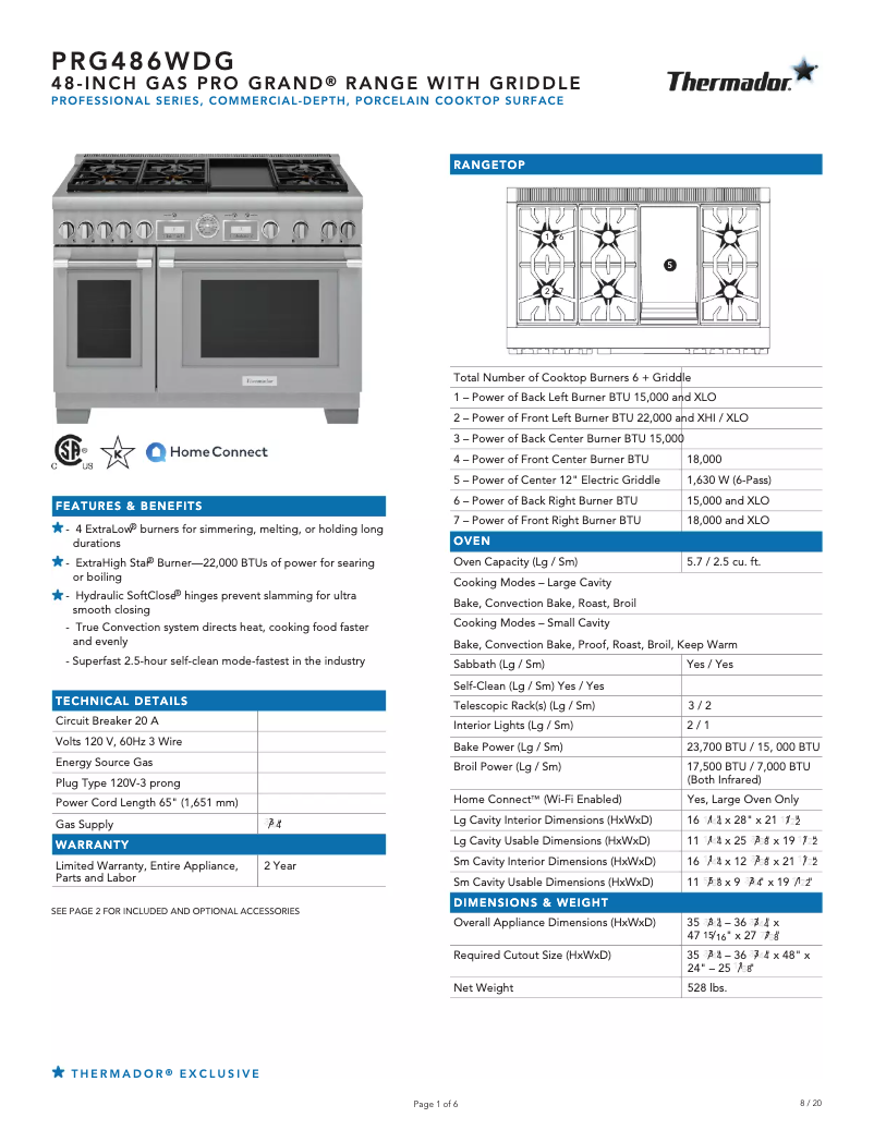 Page 1 de la notice Fiche technique Thermador PRG486WDG