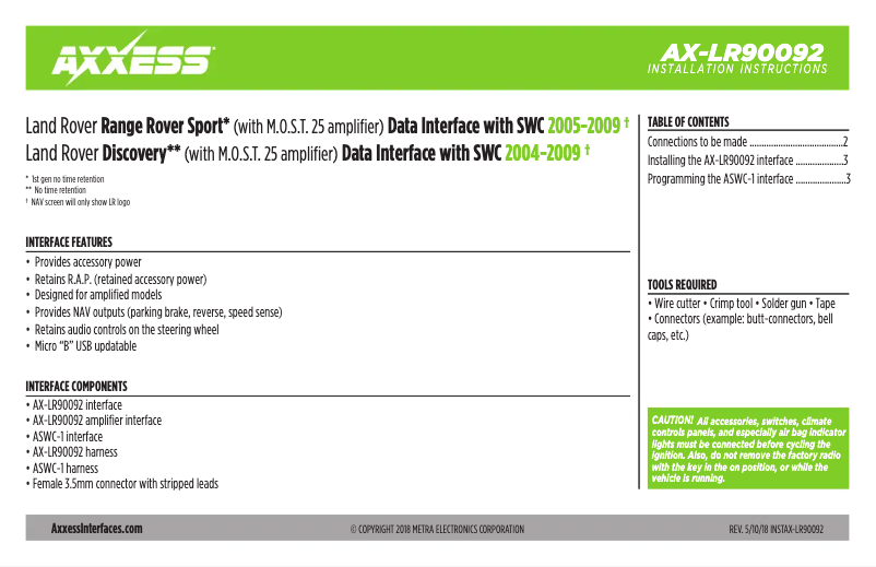 Page n°1 - Manuel utilisateur Metra Axxess AX-LR90092