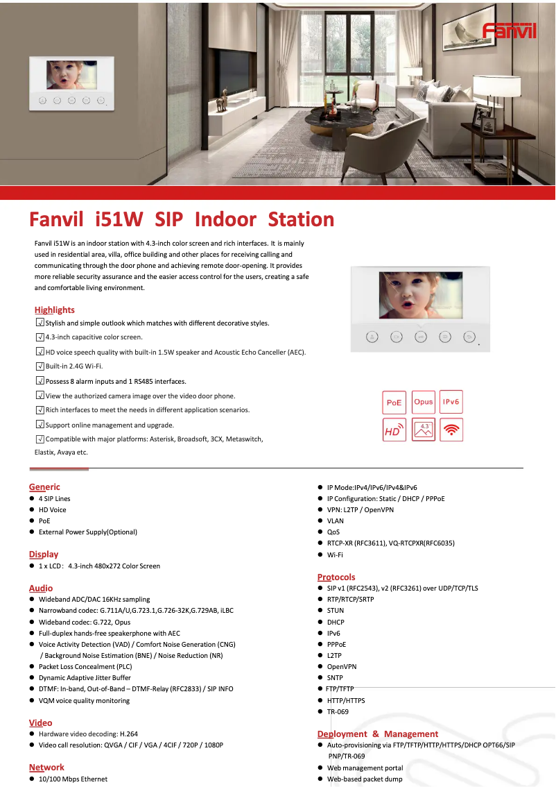 Page 1 de la notice Fiche technique Fanvil i51W