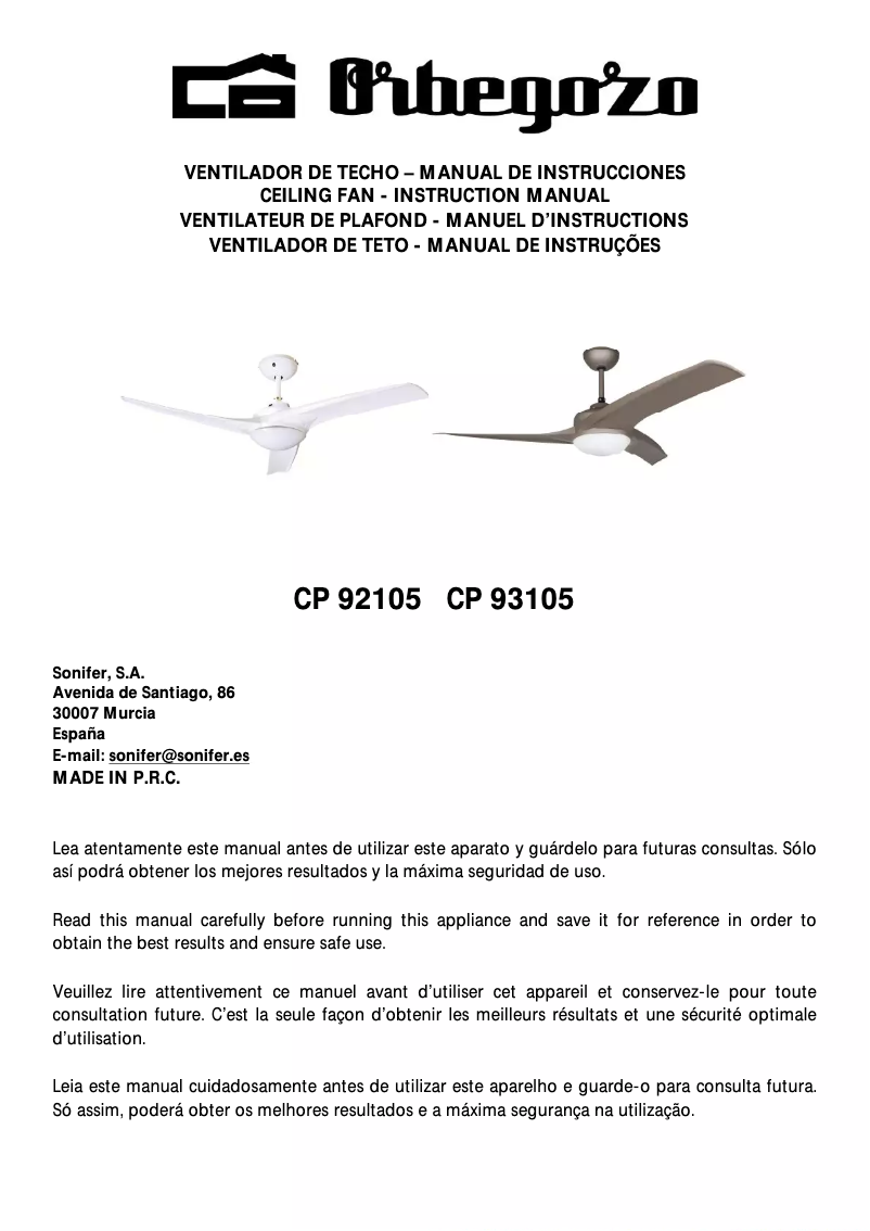 Page n°1 - Manuel utilisateur Orbegozo CP 93105