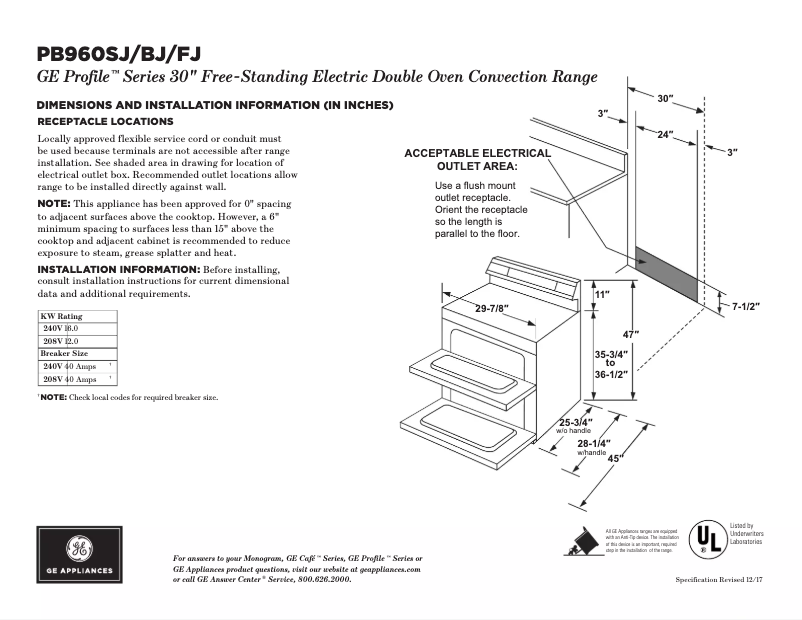 Page 1 of the manual Technical Sheet GE PB960BJTS