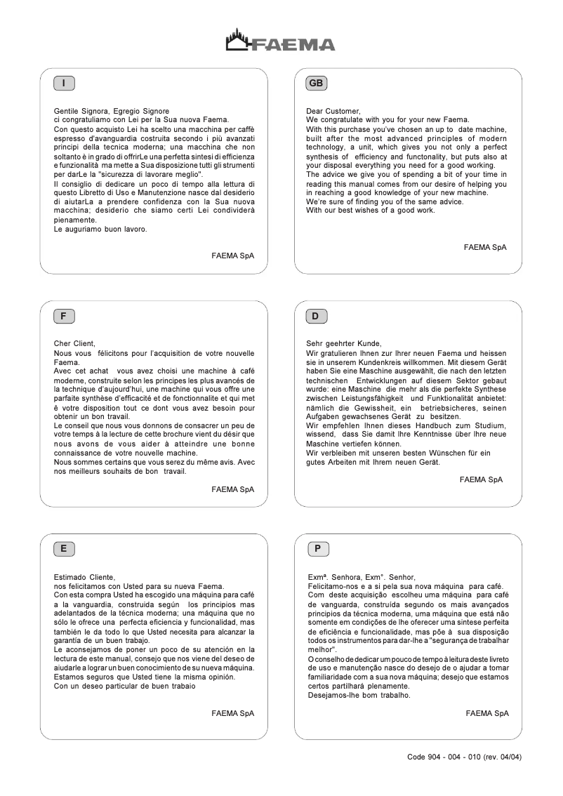 Page 1 de la notice Manuel utilisateur Faema Due S