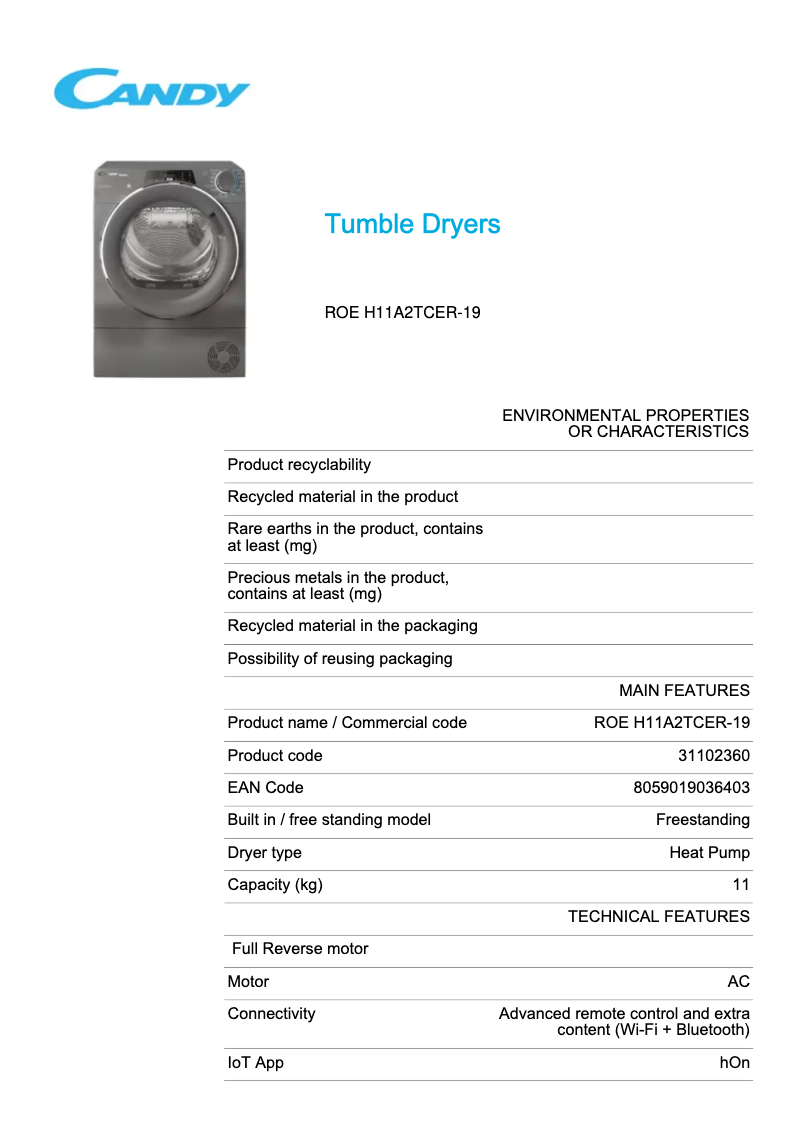 Page 1 de la notice Fiche technique Candy ROE H11A2TCER-19