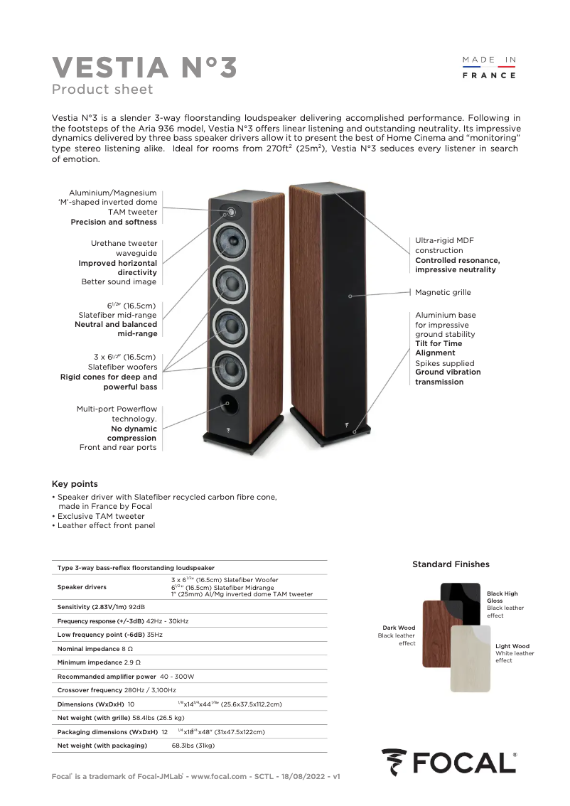 Página 1 del manual Ficha técnica Focal Vestia N°3