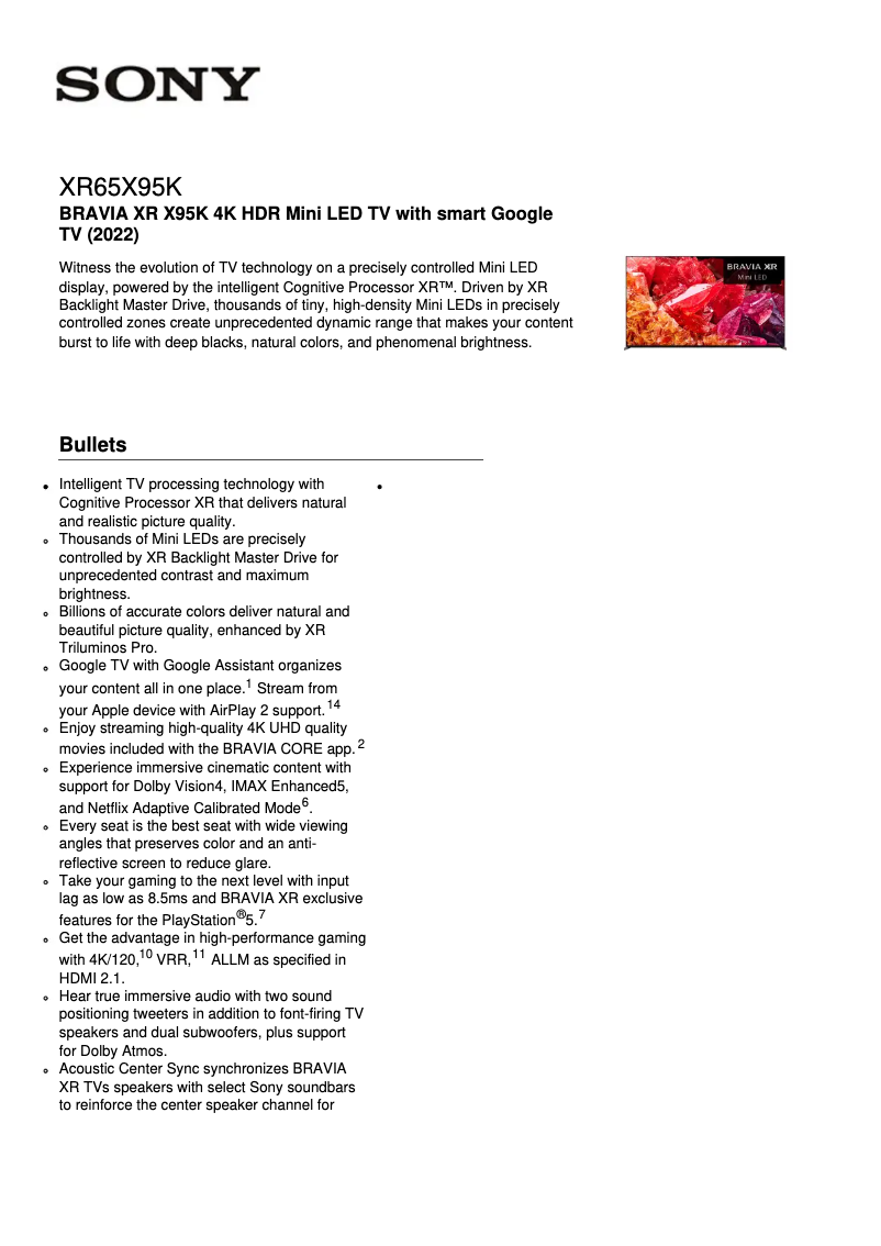 Página 1 del manual Ficha técnica Sony XR-65X95K