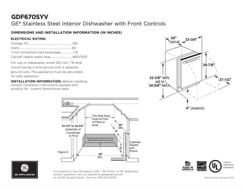 Page 1 of the manual Technical Sheet GE GDF670SYVFS