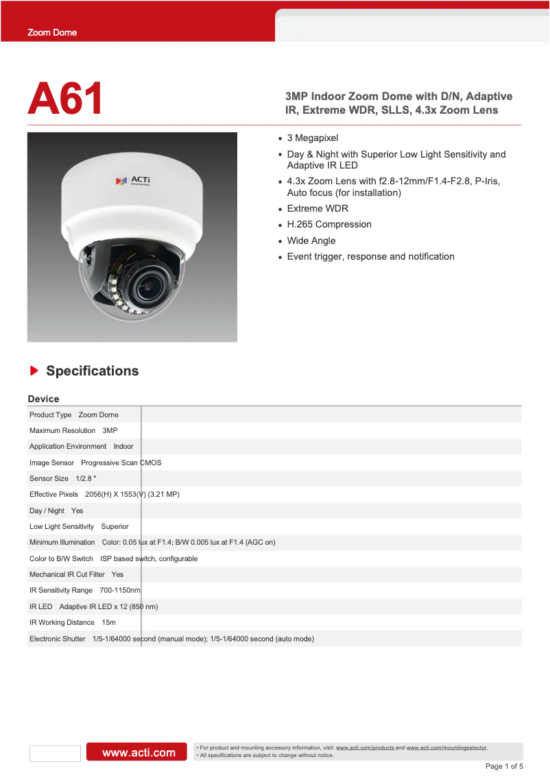 Page 1 de la notice Fiche technique ACTi A61