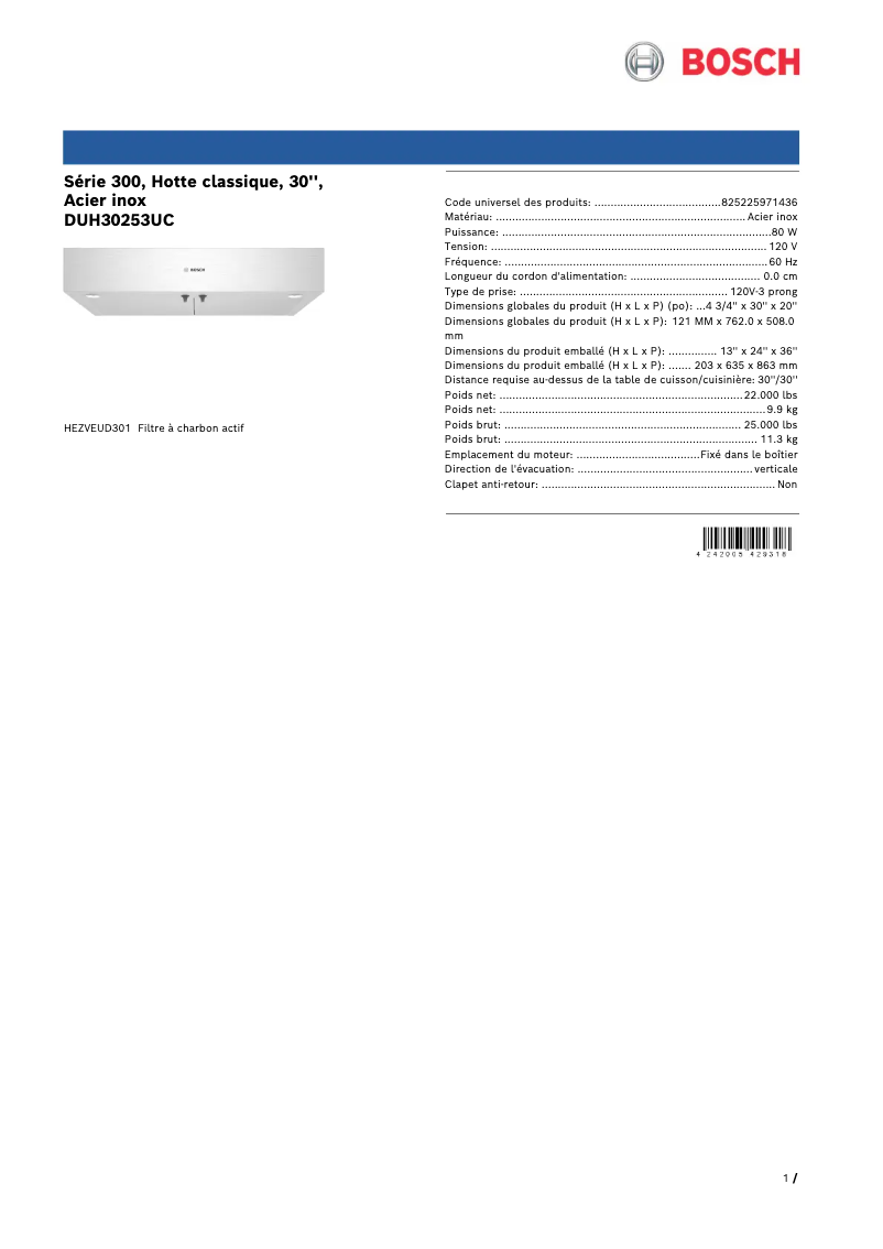 Page 1 de la notice Fiche technique Bosch DUH30253UC