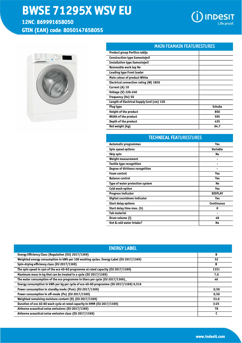 Page n°1 - Fiche technique Indesit BWSE 71295X WSV