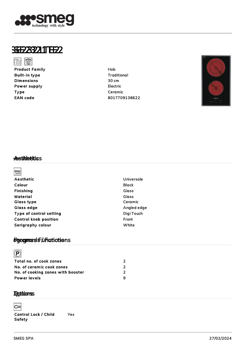 Page 1 de la notice Fiche technique Smeg SE2321TE2