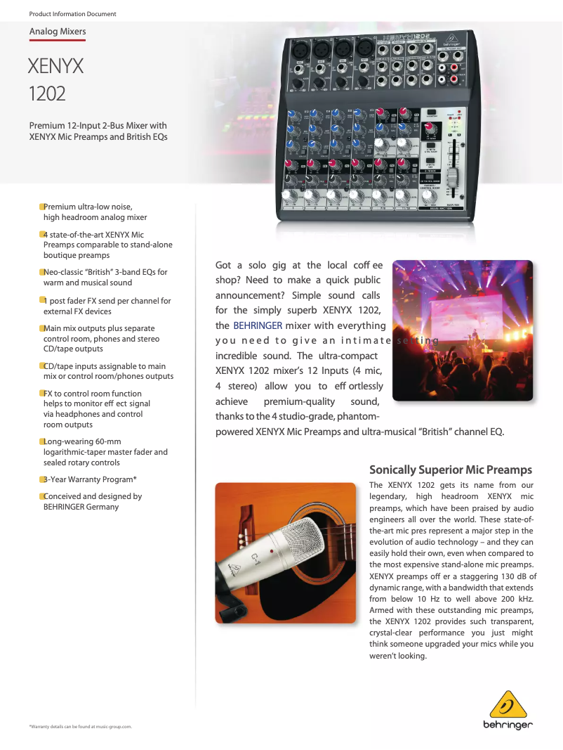 Page 1 de la notice Fiche technique Behringer Xenyx 1202