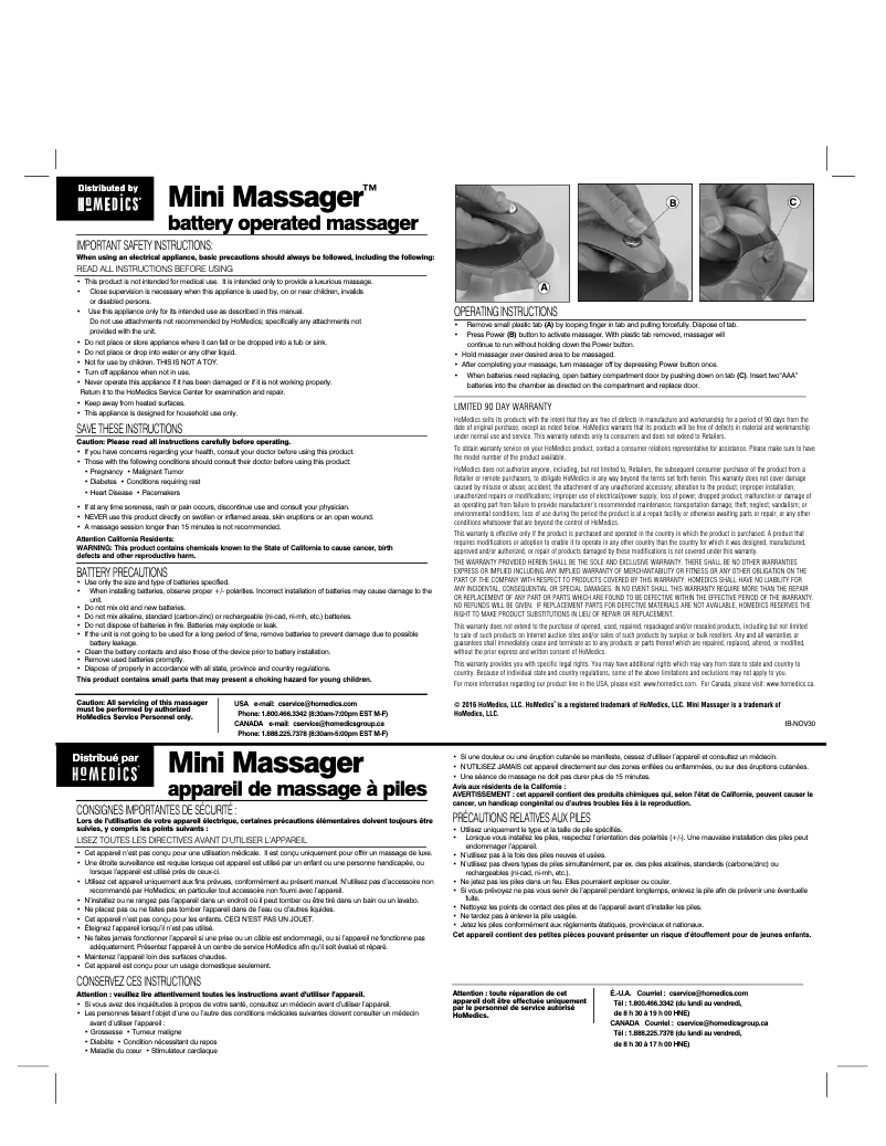 Page n°1 - Manuel utilisateur Homedics NOV30
