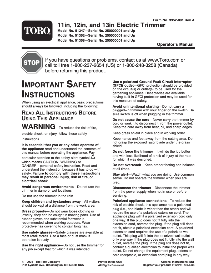 Page n°1 - Manuel utilisateur Toro 51358