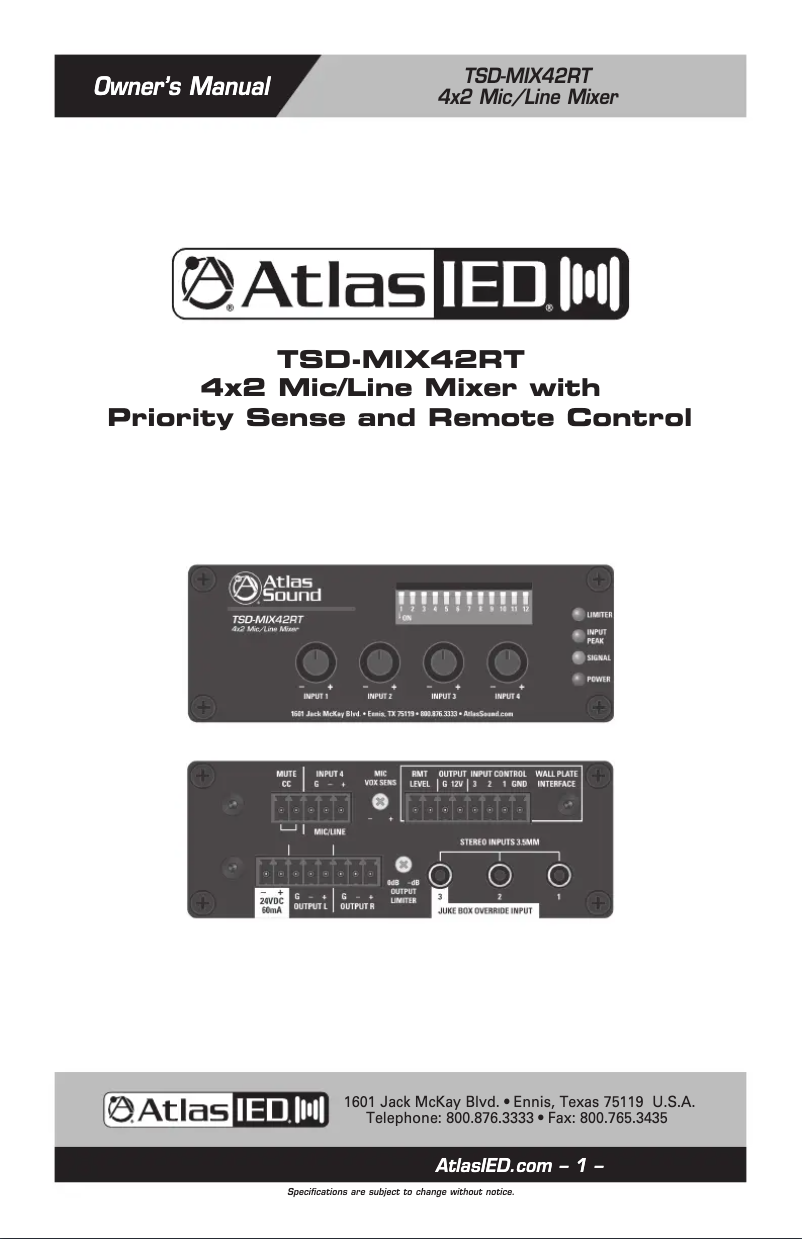 Page 1 de la notice Manuel utilisateur Atlas Sound TSD-MIX42RT