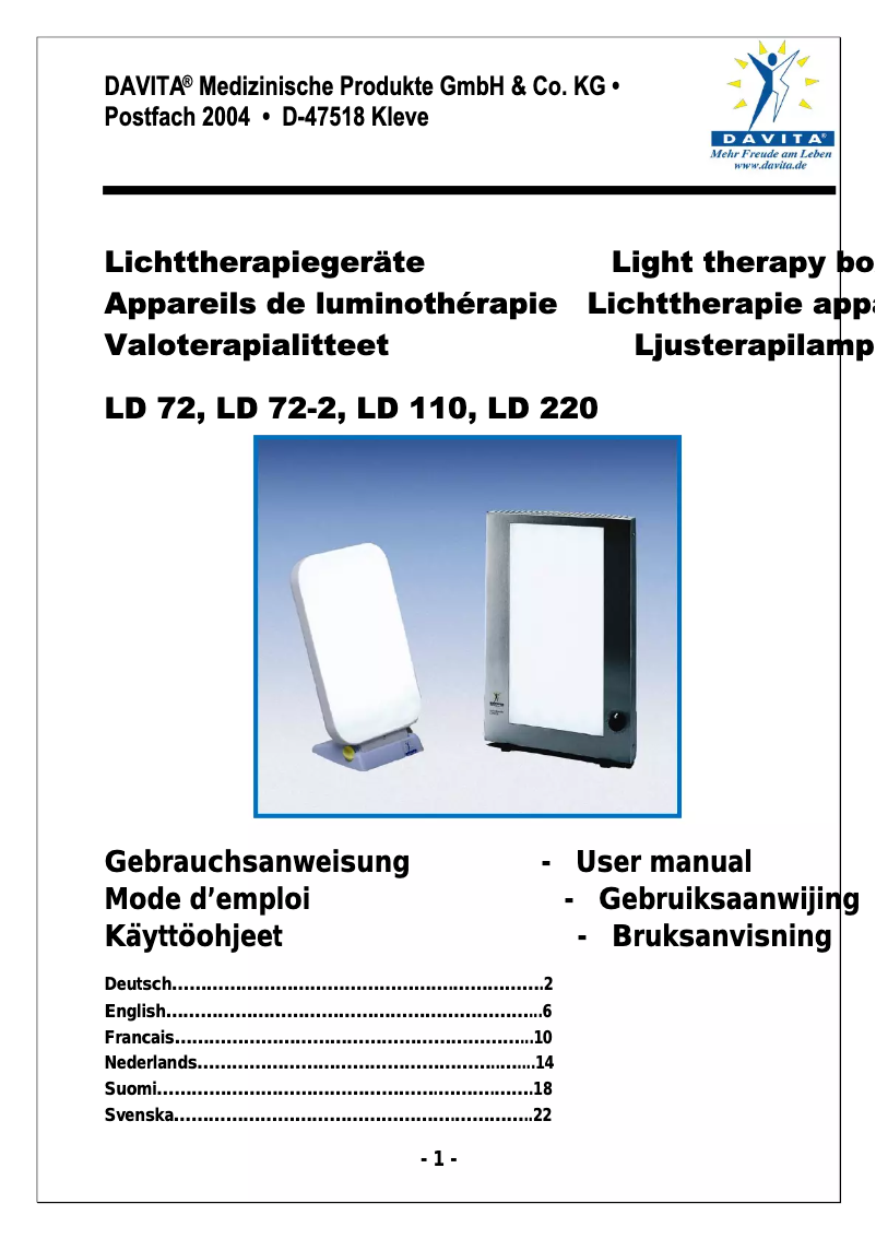 Page 1 de la notice Manuel utilisateur Davita LD 72