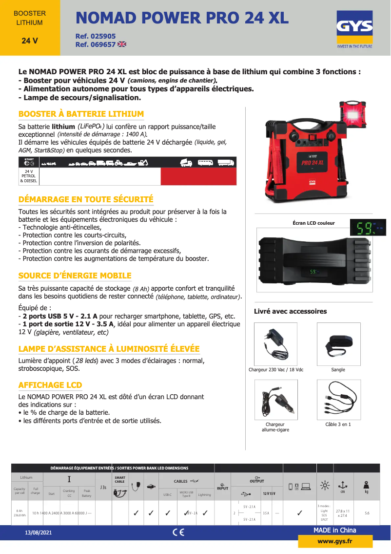 Page 1 de la notice Fiche technique GYS Nomad Power PRO 24 XL