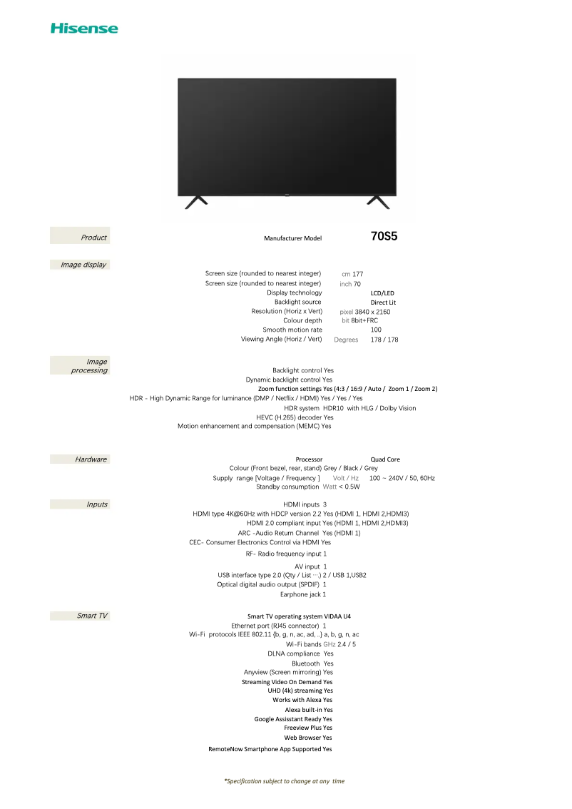 Page 1 de la notice Fiche technique Hisense 70S5