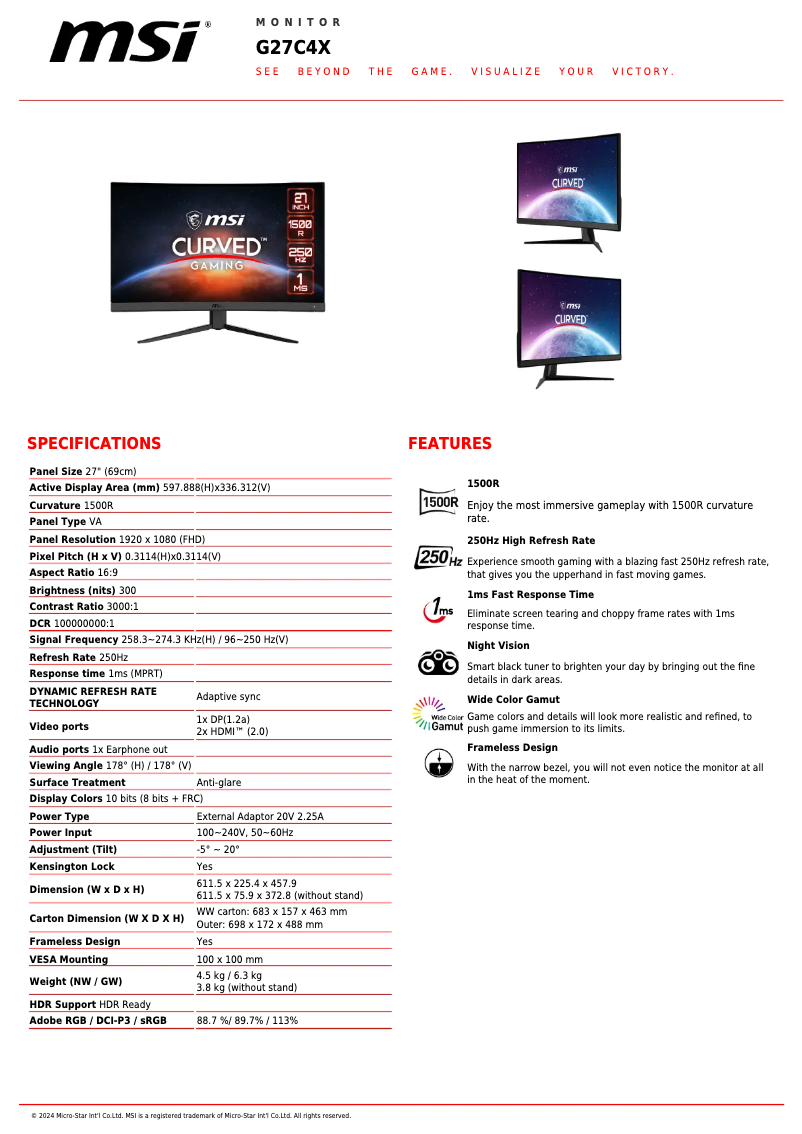 Page 1 de la notice Fiche technique MSI G27C4X