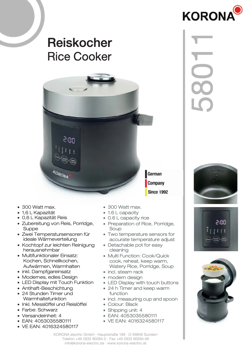 Page 1 de la notice Fiche technique Korona 58011