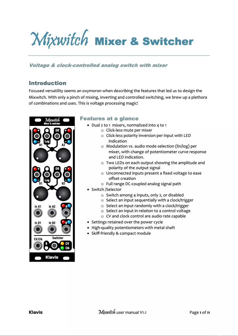 Page 1 de la notice Manuel utilisateur Klavis Mixwitch