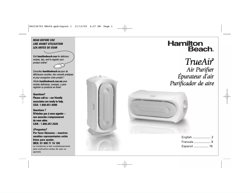 Page n°1 - Manuel utilisateur Hamilton Beach True Air 04384