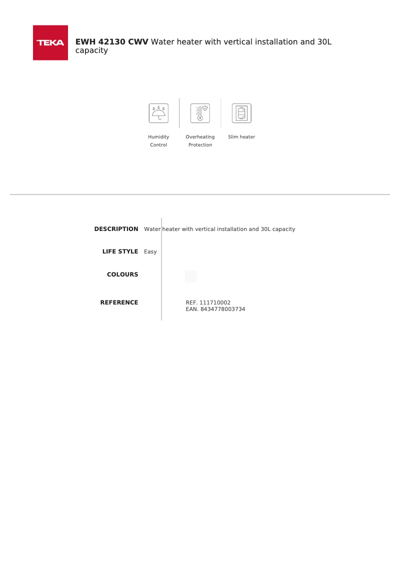 Page n°1 - Fiche technique Teka EWH 42130 CWV