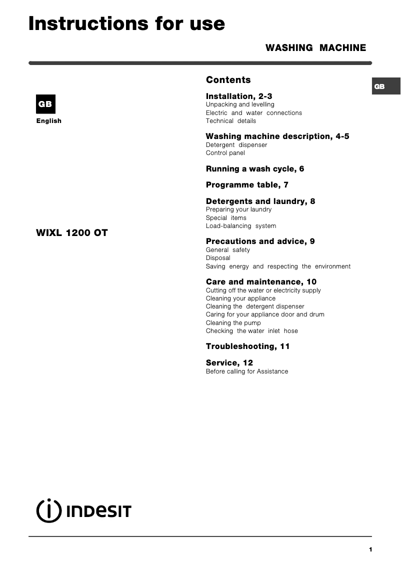 Image de la première page du manuel de l'appareil WIXL1200OT