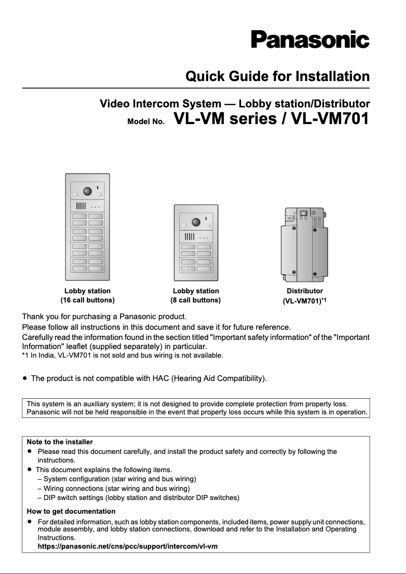Page 1 de la notice Manuel utilisateur Panasonic VL-VM902EX