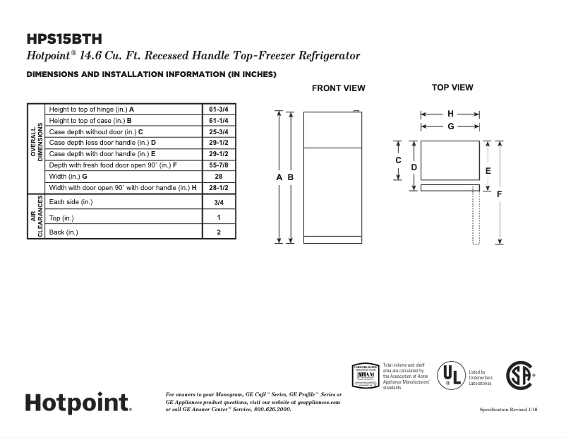 Page n°1 - Fiche technique Hotpoint HPS15BTHRCC