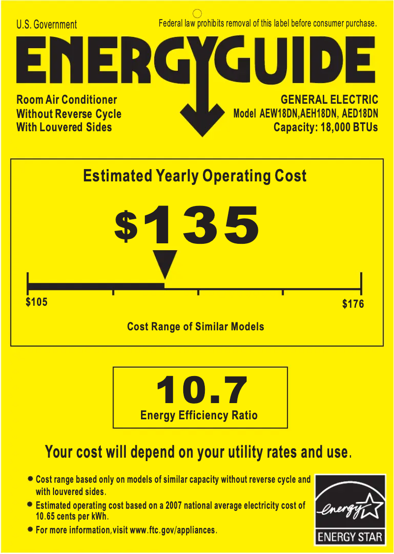 Page 1 of the manual Energy Label GE AEW18DN