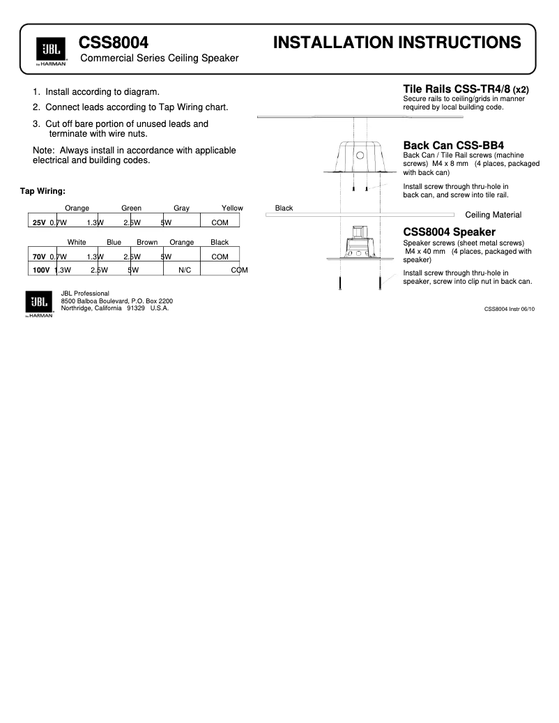 Page n°1 - Manuel utilisateur JBL CSS8004