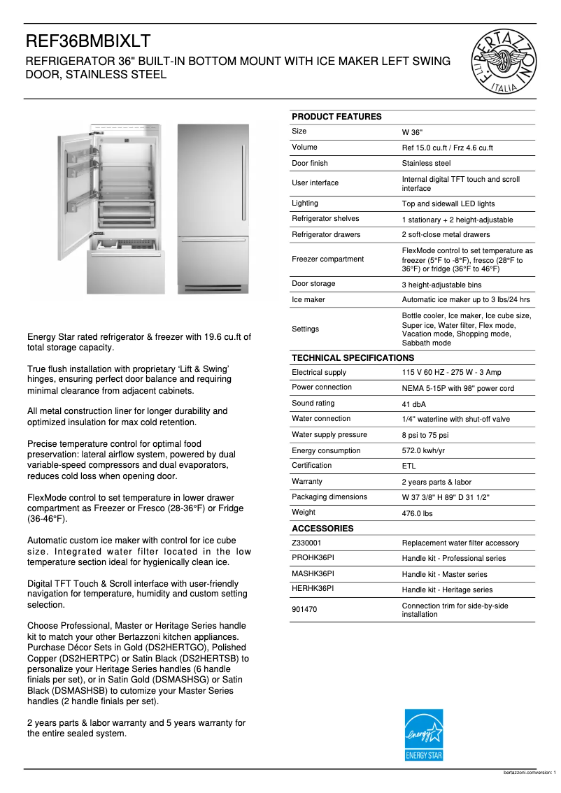 Page 1 de la notice Fiche technique Bertazzoni REF36BMBIXLT