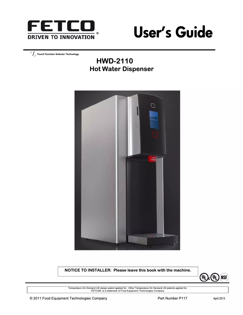 Page n°1 - Manuel utilisateur Fetco HWD-2110
