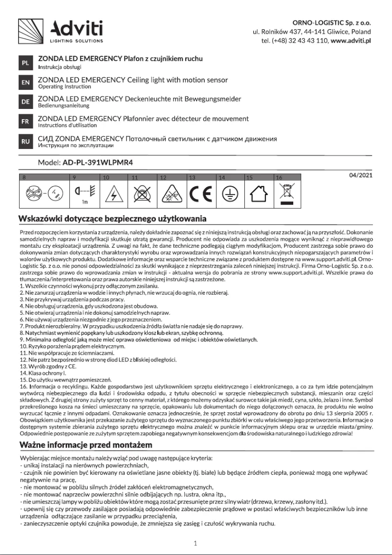 Page n°1 - Manuel utilisateur Adviti AD-PL-391WLPMR4