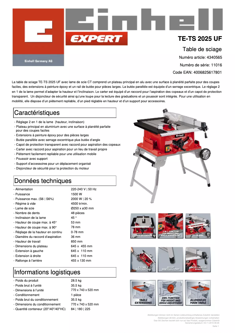 Page 1 de la notice Fiche technique Einhell TE-TS 2025 UF