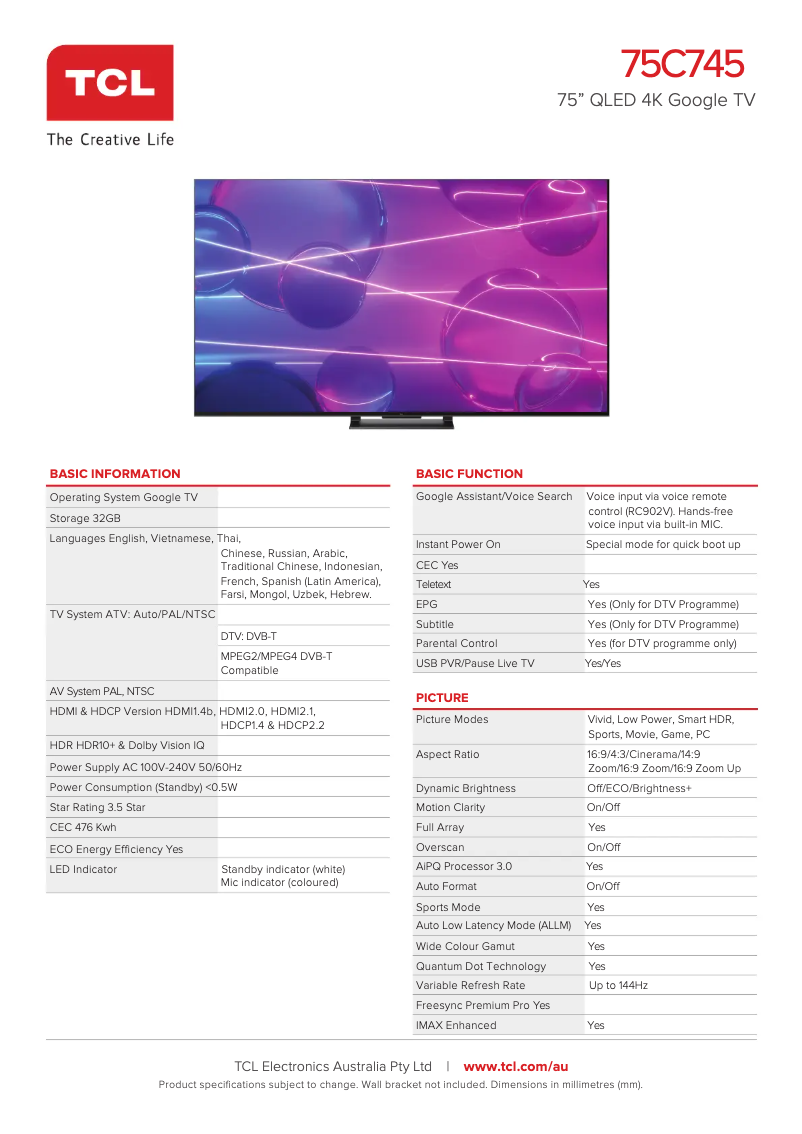 Page 1 de la notice Fiche technique TCL 75C745