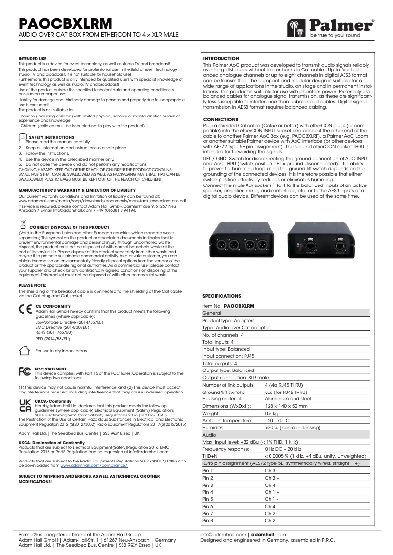 Page n°1 - Manuel utilisateur Palmer AoC Box XLRm