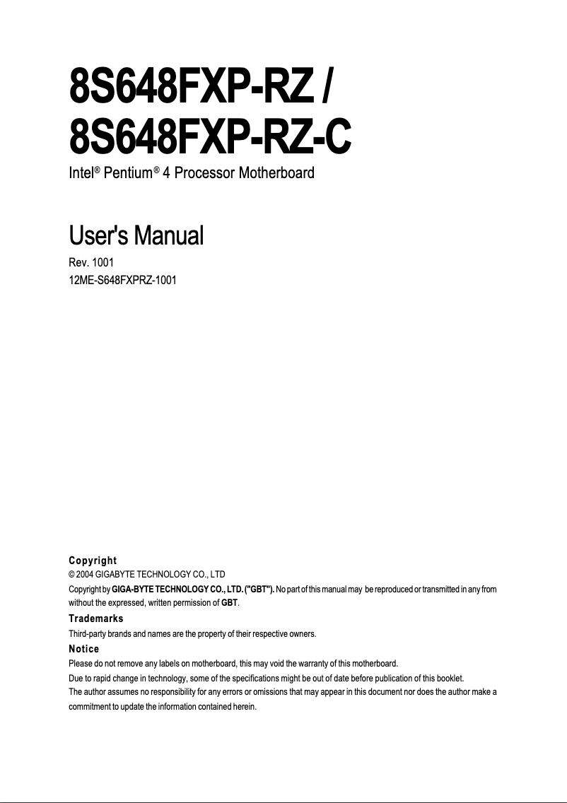 Page n°1 - Manuel utilisateur Gigabyte 8S648FXP-RZC