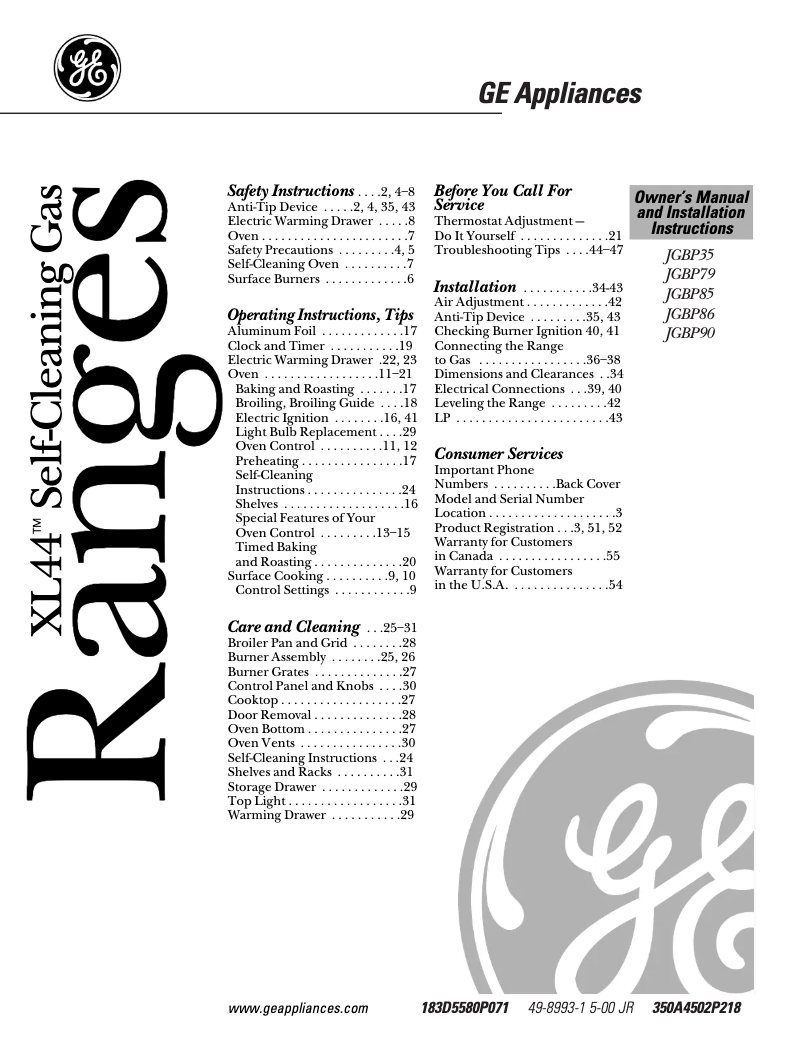 Page 1 de la notice Guide d'installation GE Profile Spectra JGBP79WEAWW