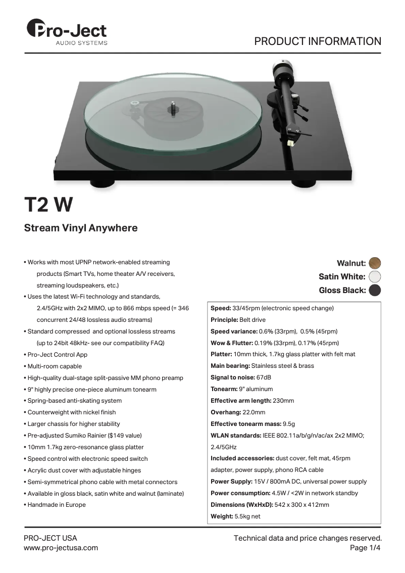 Page 1 de la notice Fiche technique Pro-Ject T2W