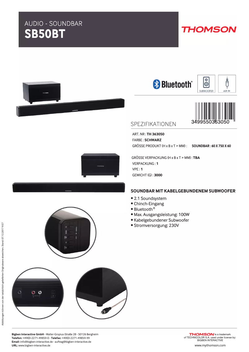 Page 1 de la notice Fiche technique Thomson SB50BT