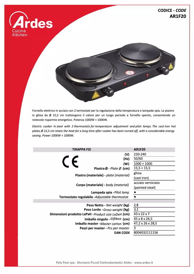 Page 1 de la notice Fiche technique Ardes AR1F20