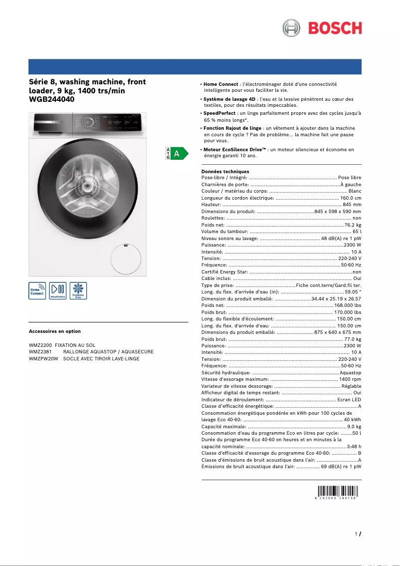 Page n°1 - Fiche technique Bosch WGB244040