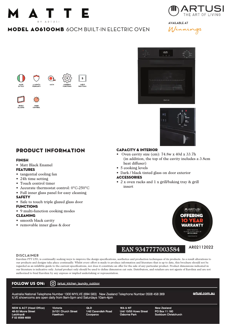 Page n°1 - Fiche technique Artusi AO6100MB
