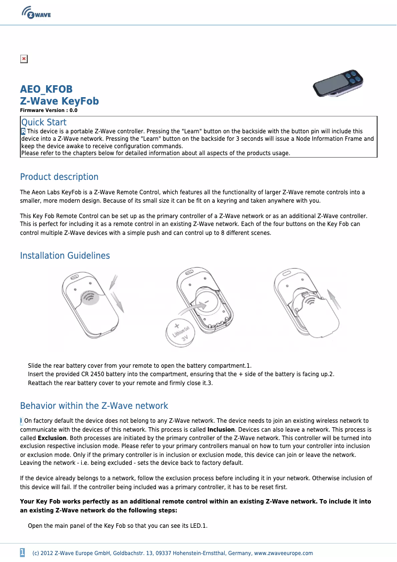 Image de la première page du manuel de l'appareil KeyFob